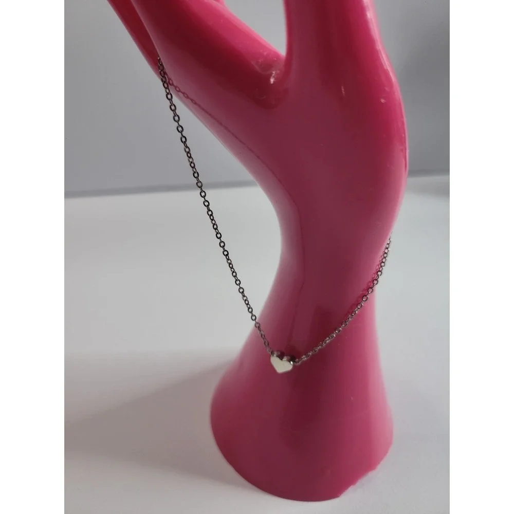 Silver-Tone Dainty Heart Charm Chain Bracelet or Anklet Adjustable Minimalist